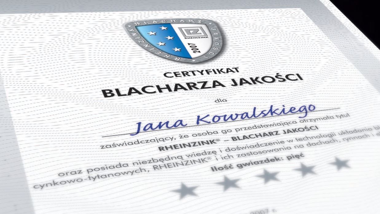 Certyfikat Blacharz Jakosci RHEINZINK