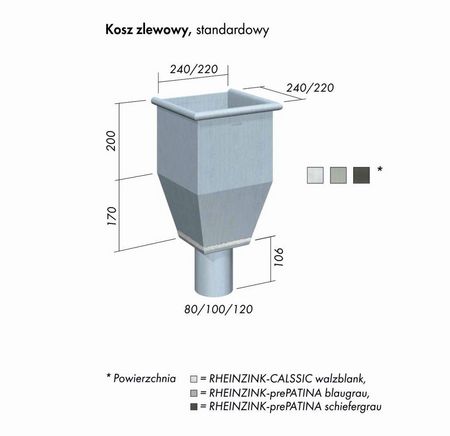 Kosz zlewowy standardowy tytan-cynk wymiary
