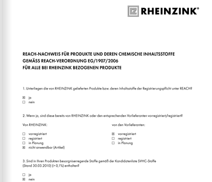 Rozporządzenie REACH EG/1907/2006 dla rolek i arkuszy blachy tytan-cynky 