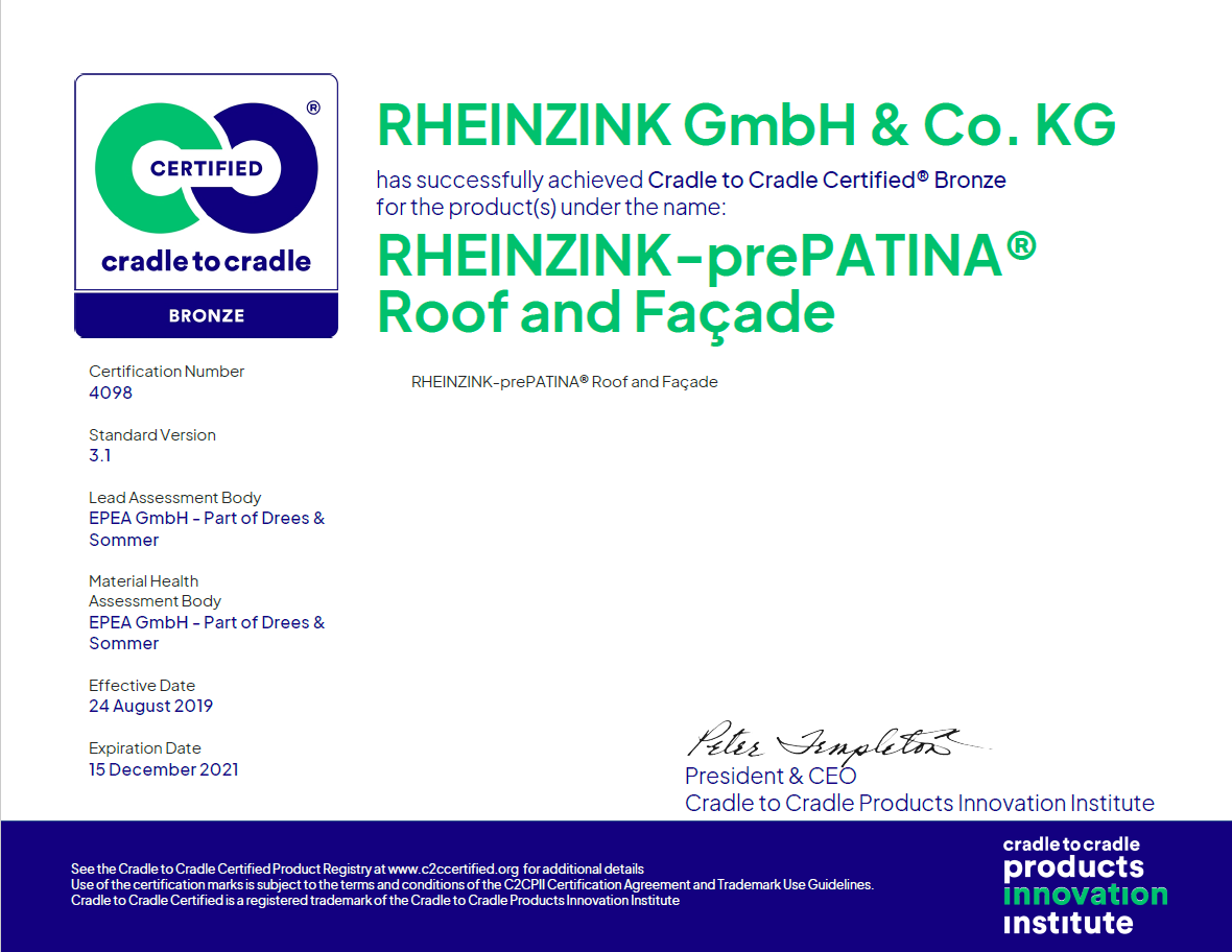 Certyfikat C2C Cradle to Cradle dla pokryć dachowych i systemów elewacyjnych z blachy tytan-cynk