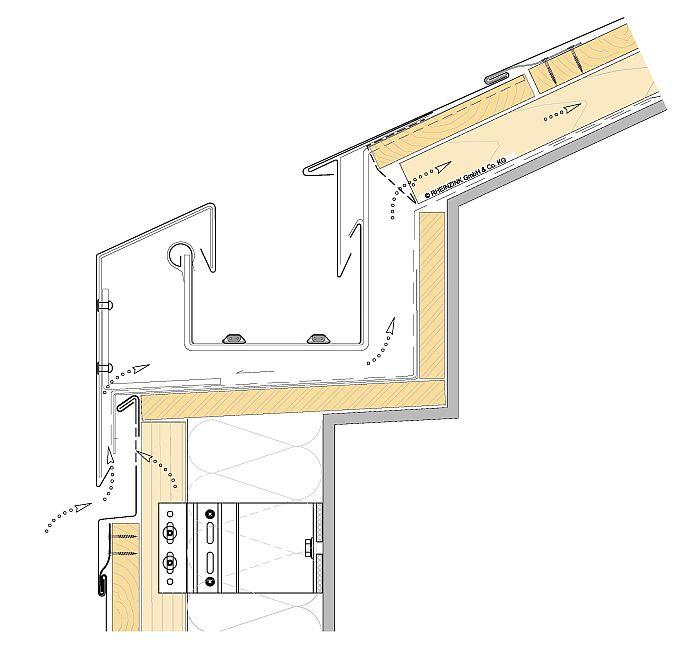 Dach w łuskę przechodzący w elewację z ukryta rynną - detal